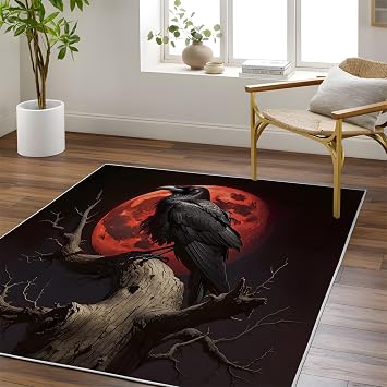 Blood Moon Raven 4x4 Area Rug - Washable & Non Slip 4 Square Gothic Rugs, Soft Accent Carpet - Low Pile Dead Branch Rug for Living Room, Bedroom, Dining Room, Kitchen, Office, Home Decor - Black