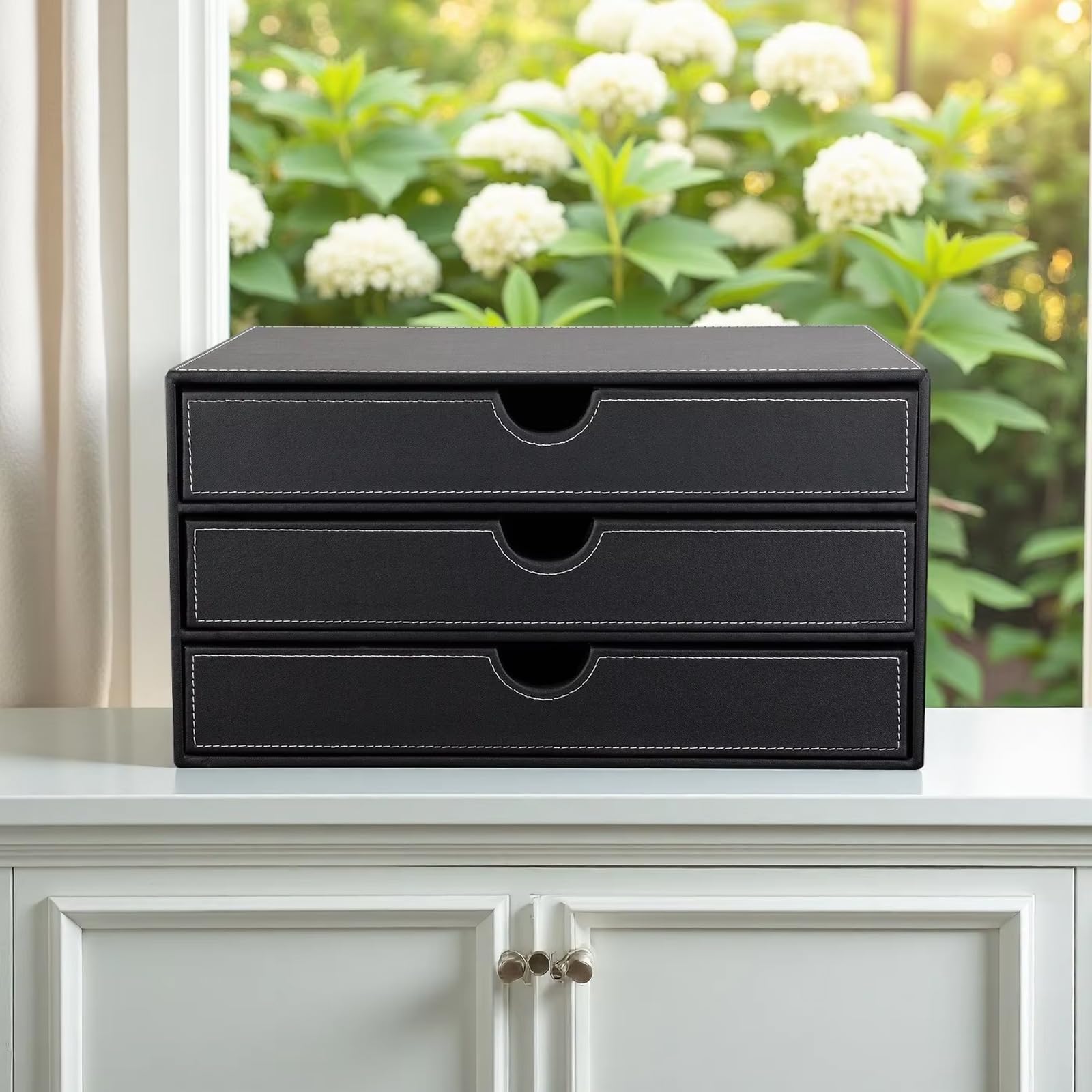 Caja de escritorio de piel con 3 cajones A4, organizador de oficina