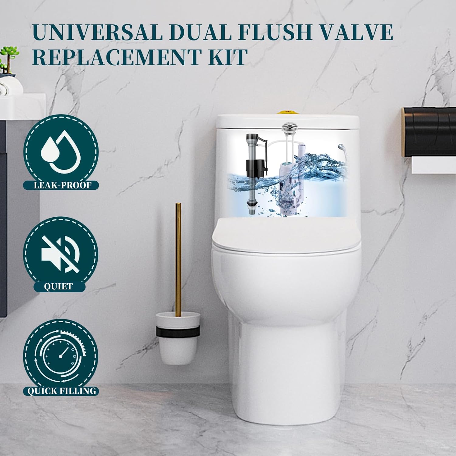 3" Dual Flush Valve Replacement Kit for 2-Piece Toilet Water Tank Parts with Toilet Fill Valve, Button, Flush Valve, Bolts and Bowl Gasket, Universal Toilet Repair Kit Inside Tank