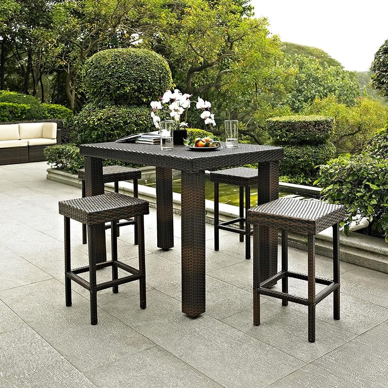 Image of OUTLIVING Patio Rattan Wicker Rectangular Bar Table with 4 Bar Stools | Multipurpose 4 Seater Outdoor Bar Set Furniture for Home, Poolside, Porch, Garden, Balcony, Backyard, and Courtyard (Brown)