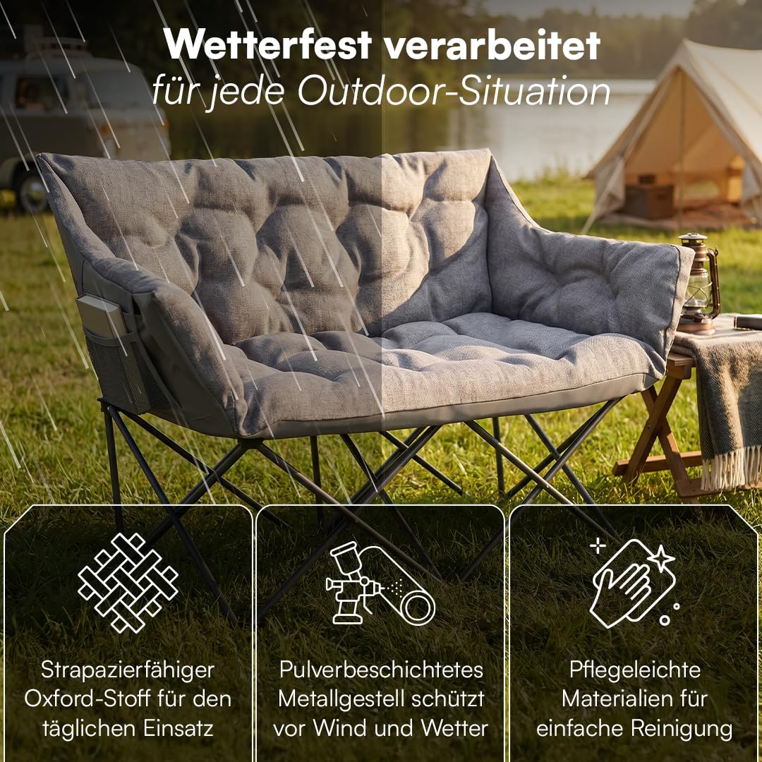 STEELSØN Hoggar Campingstuhl faltbar 2 Personen – Klappstuhl 134cm breit – Camping Sofa mit 2 Seitentaschen & Tragebeutel – Camping Couch 320 kg belastbar – Sitzbank Outdoor - dick gepolstert - grau