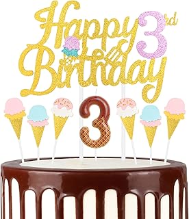 Ice-Cream 3rd Birthday Candle,Ice-Cream Number Happy Birthday Cake Topper Glitter Ice-Cream Cake Pick for Fruit Theme Baby Shower Kids Birthday Party Ice-Cream Cake Decorations Supplies