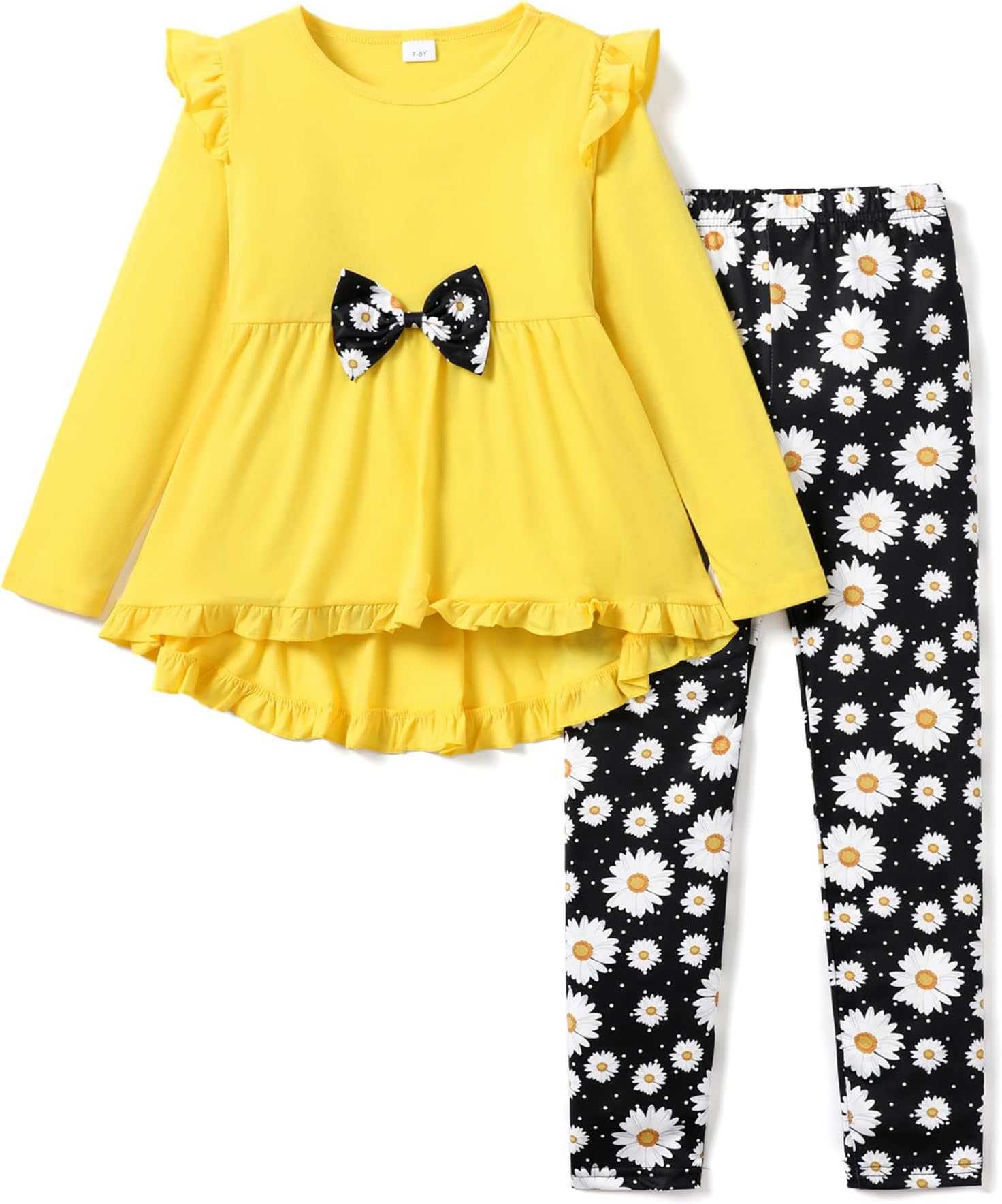 PATPAT2-piece Toddler Girl Bowknot Design Ruffle Hem Long-sleeve Top and Floral Print Pants Set