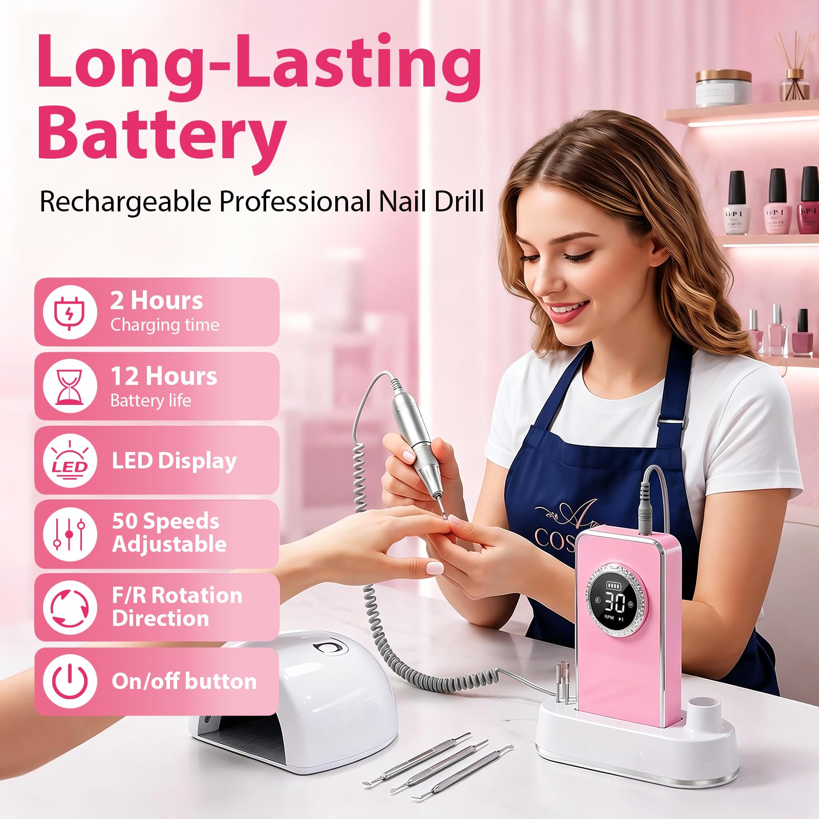 Taladro Eléctrico para Uñas Profesional, 50000 RPM, Kit de Lima Eléctrica Portátil Recargable – Uñas de Gel Acrílico, Cuidado de Pies & Pulido, Taladro para Uñas Inalámbrico para Casa & Salón(Rose)