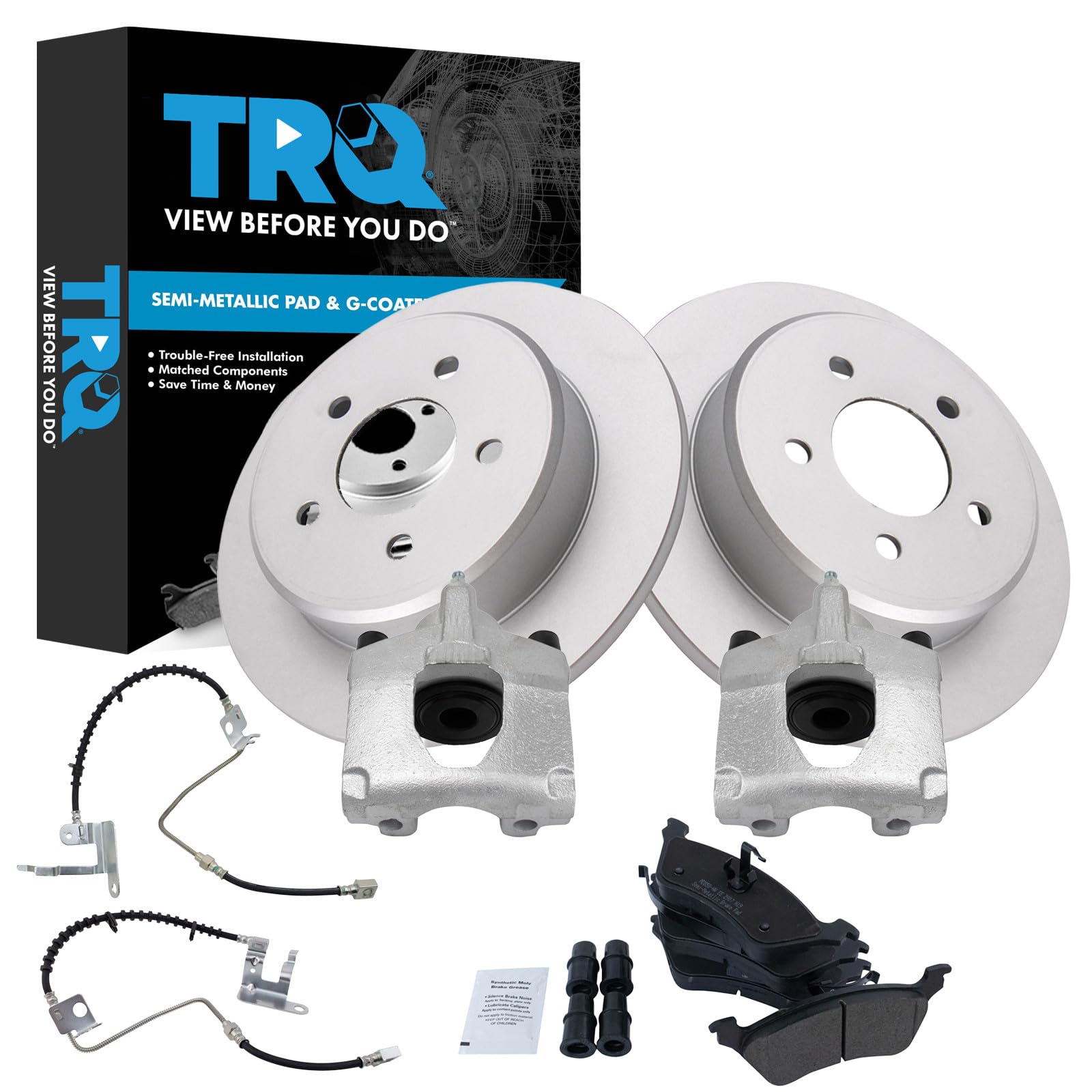 TRQ Rear Brake Pad and Rotor Set Semi Metallic Coated Rotors Calipers Compatible with 2006-2007 Chrysler Town &amp; Country Grand Caravan