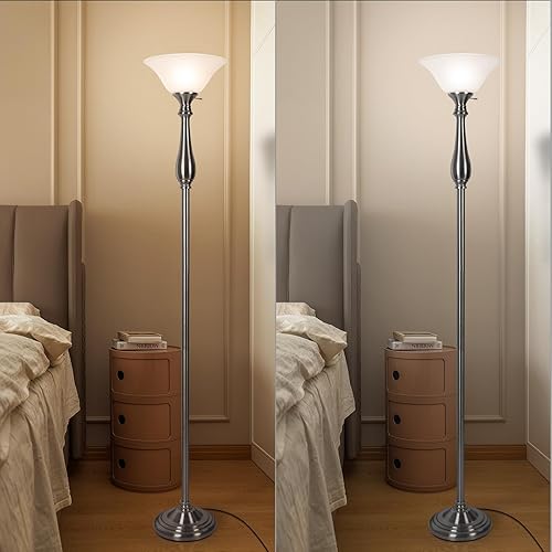 Miniatura 2 de Torchiere - Lámpara de pie para sala de estar, lámpara de pie con pantalla de cristal de alabastro blanco, lámparas de pie de níquel cepillado de