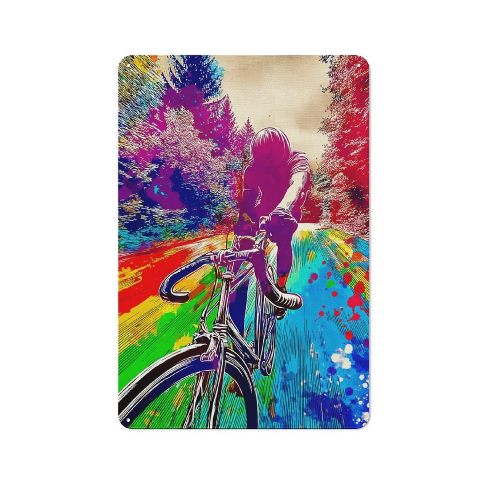 Junmoney Bicycle Ride Through Colorful Landscape Tin Wall Plaque 30X20cm With For Café Or Restaurant, Suited To Restaurant Decor Fans