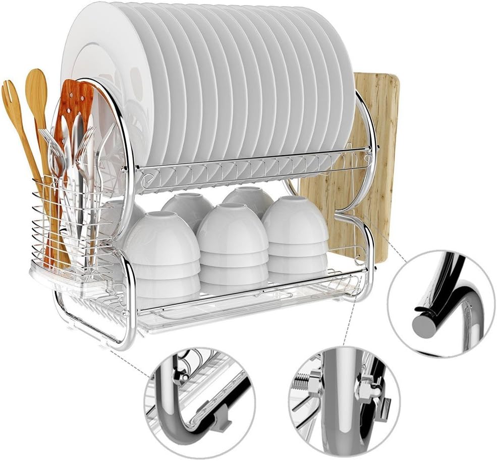 Meharbour Dish Rack Drainer Board Set Stainless Steel 2-Tier Dish Drying Rack with Drip Tray Cutlery Holder for Kitchen Home (US STOCK)