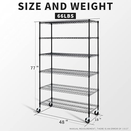 Miniatura 2 de Estantería de garaje, estantes de metal de 78 x 48 x 18 pulgadas, estantería de alambre de 6 niveles, ajustable, resistente, de acero, con ruedas