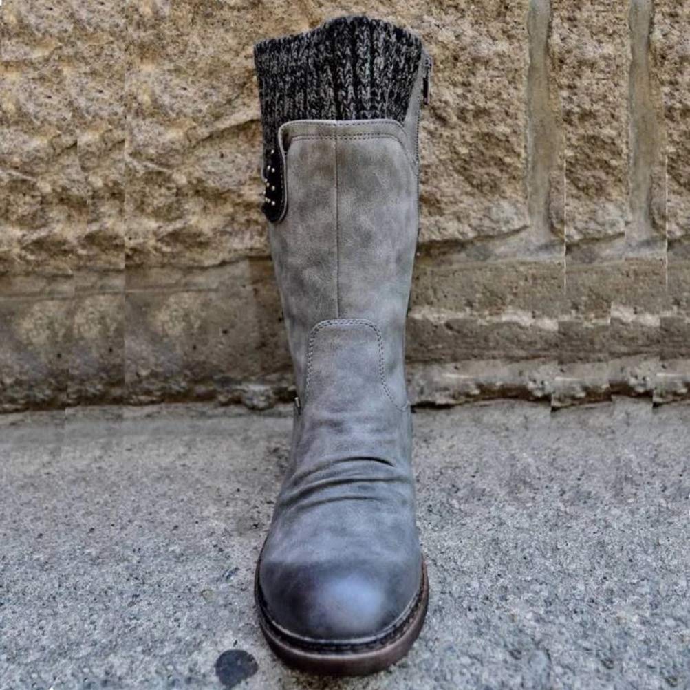 Toride Damen Biker Stiefel Mittlere Wade Niedriger Blockabsatz Seitlicher Reißverschluss Kurzer Plüsch Slip On Herbst Winter Warm Kreuz Gebunden Runde Kappe Schneeschuhe