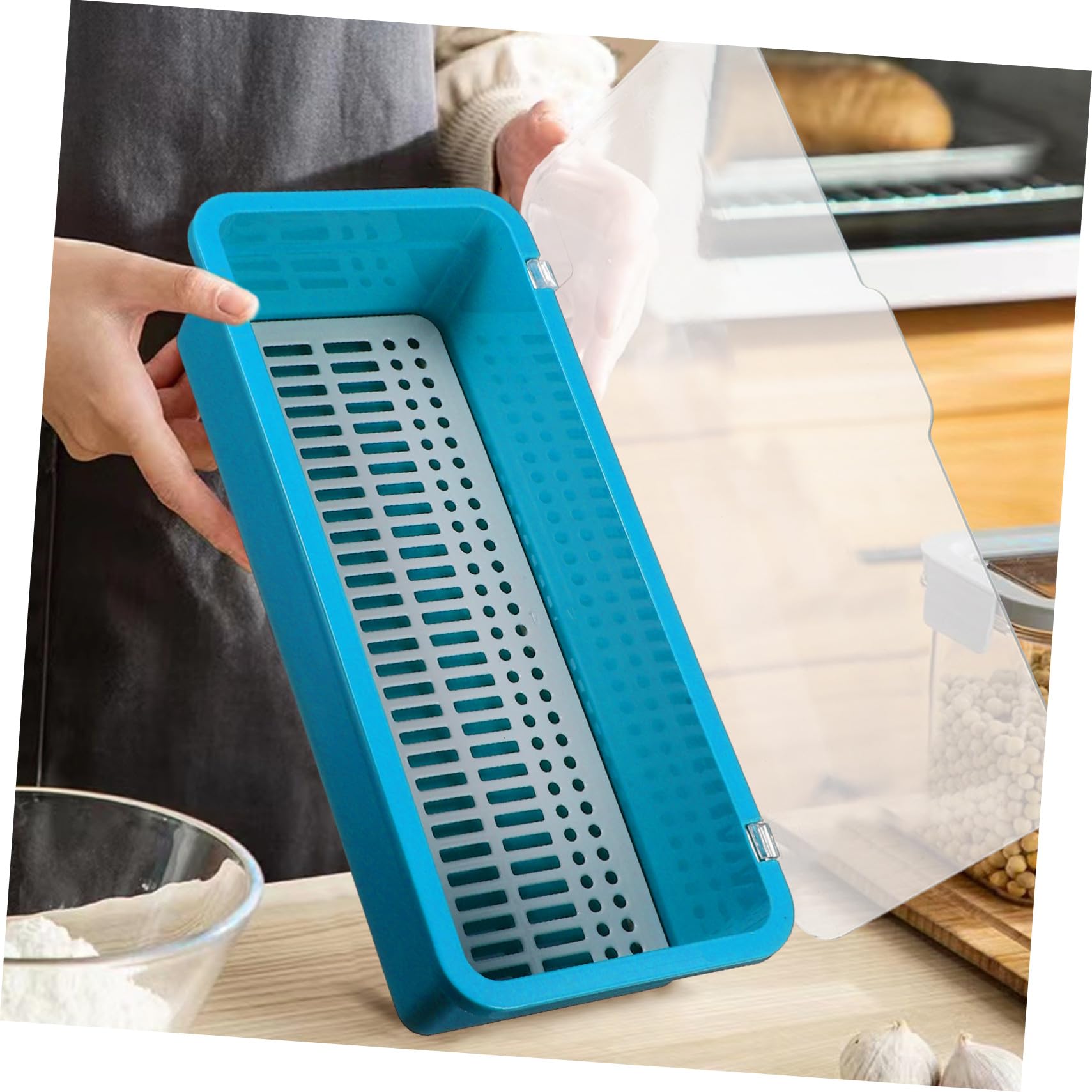 2 Piezas Organizador de Cubiertos con Tapa Bandeja Plástica para Utensilios Caja de Almacenamiento para Cocina de Azul con Drenaje para Secos los Cubiertos