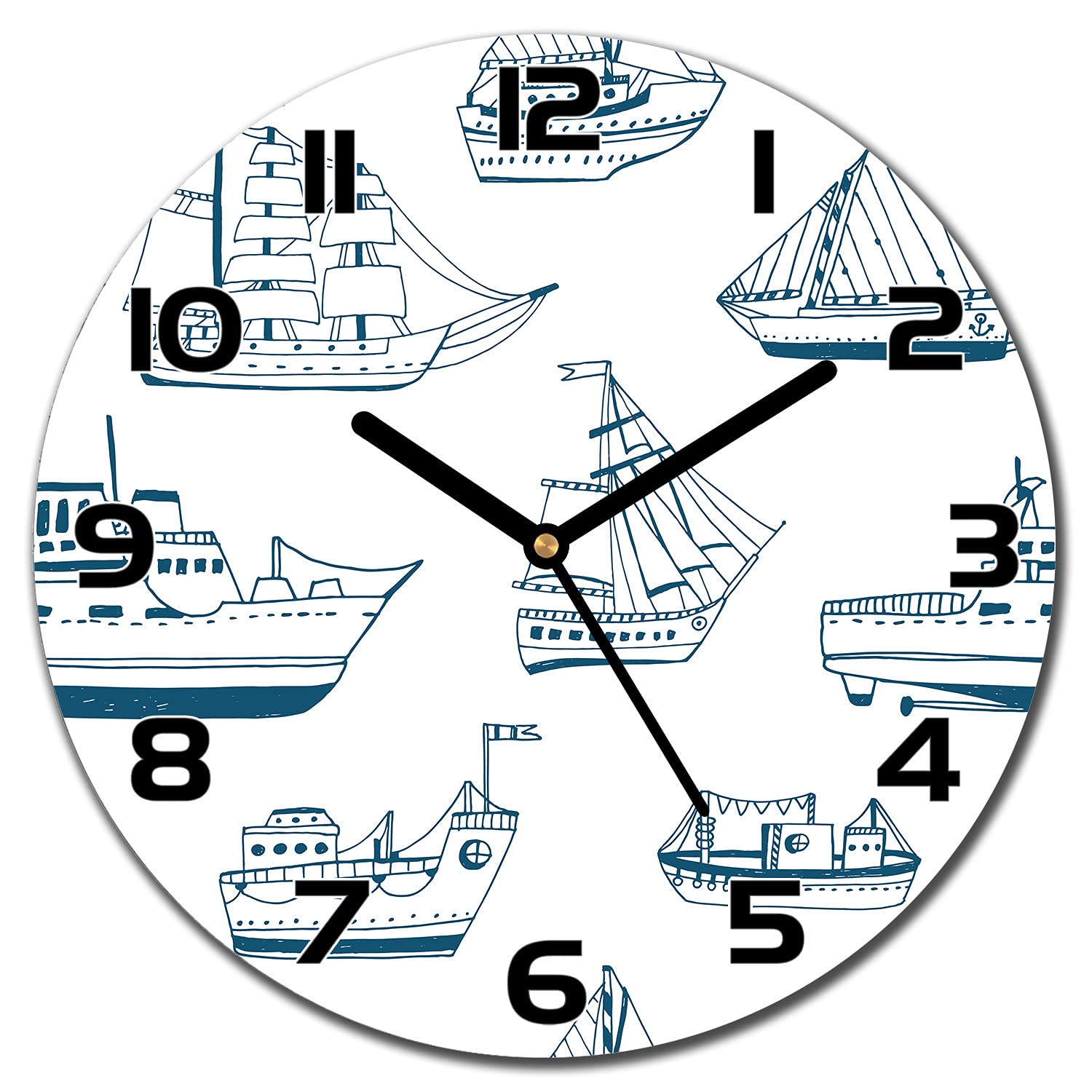 Horloge murale cuisine et salon moderne Grand cadran en verre bateaux