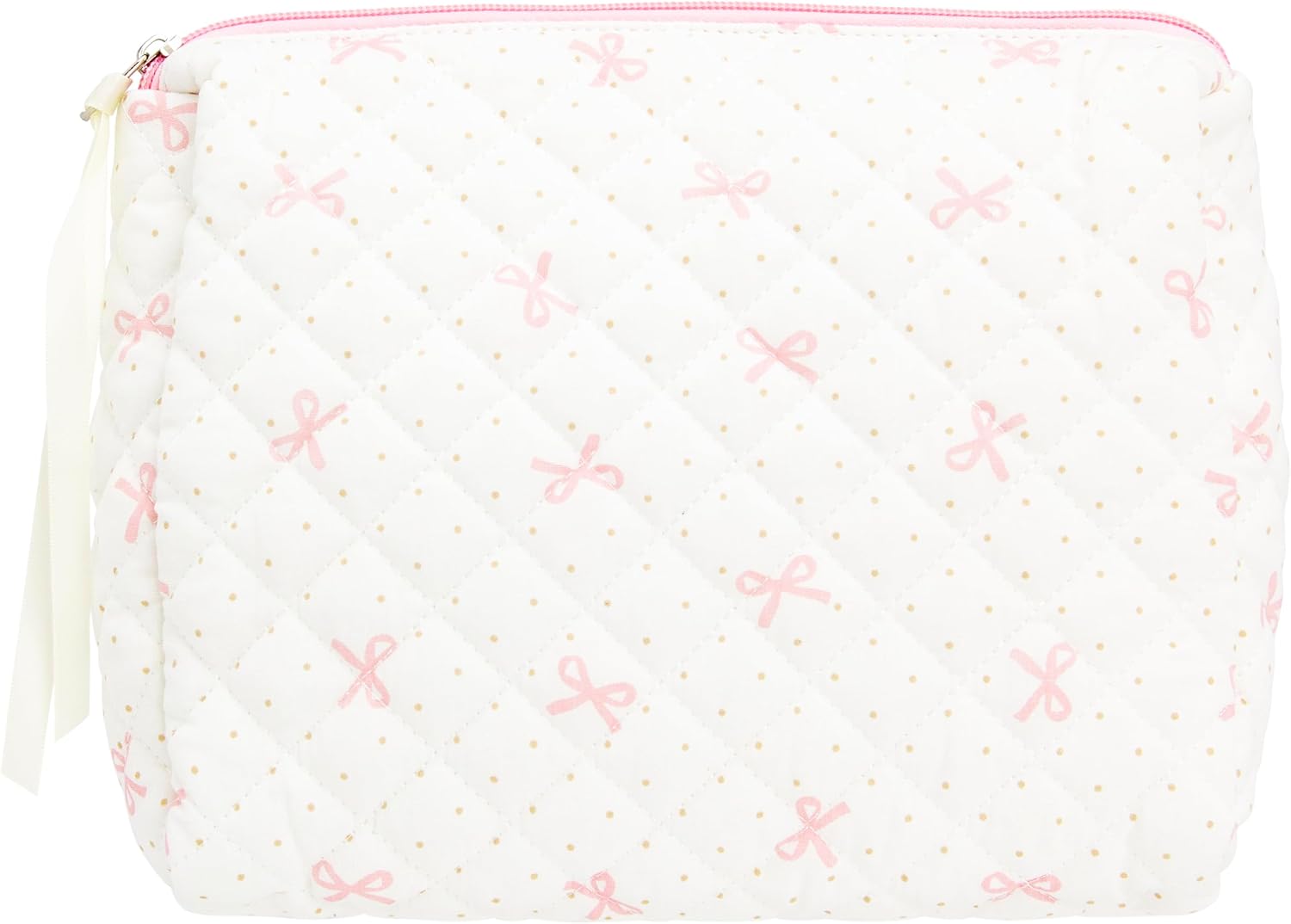 Quilted Makeup Pouch for Women, Travel Cosmetic&Toiletry Bag,Bow Polka Dot