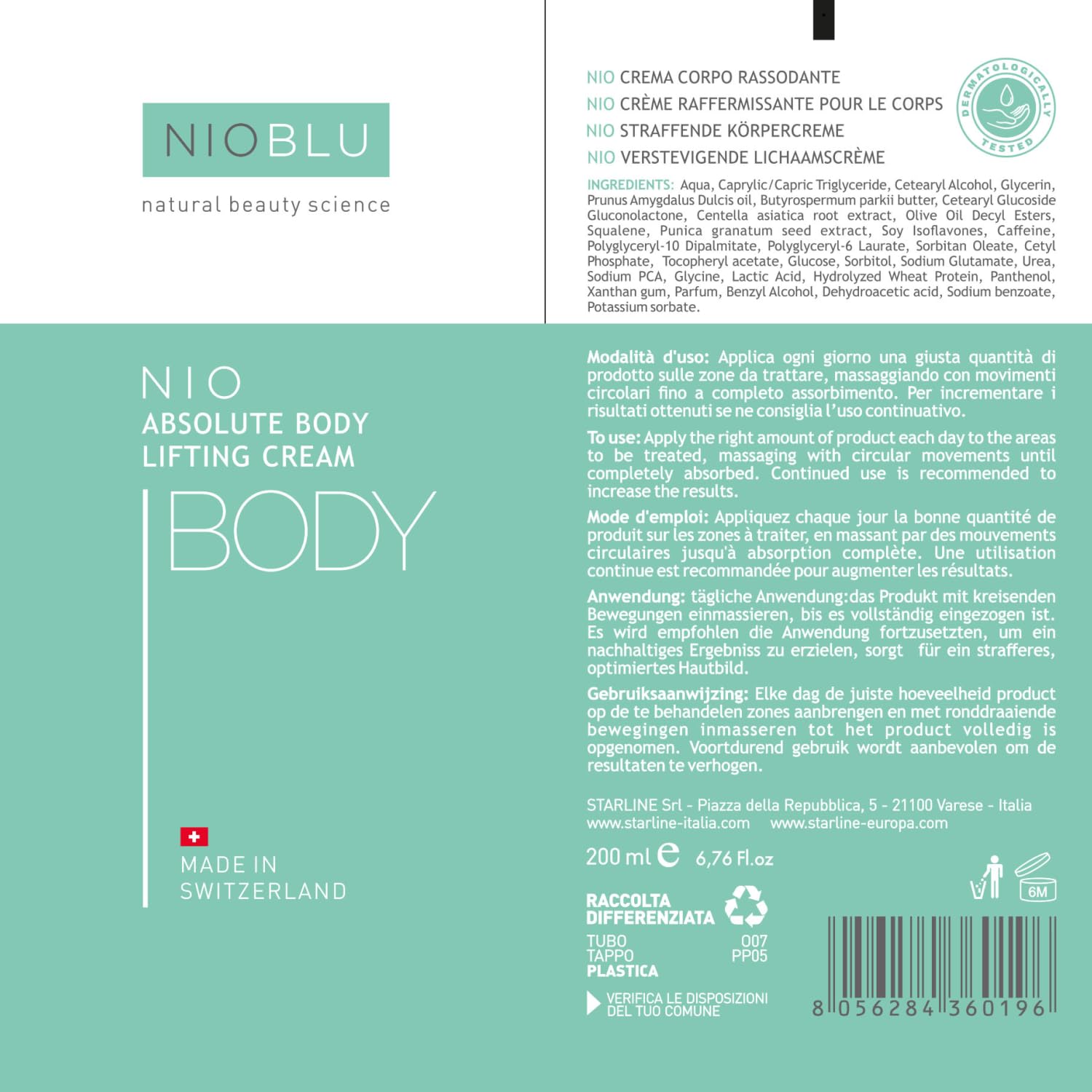 Nio Crema Corpo Rassodante - Nutriente e Rassodante - Contrasta i segni di rilassamento e l'invecchiamento della pelle - Con ingredienti naturali - Tecnologia avanzata - 200 ml