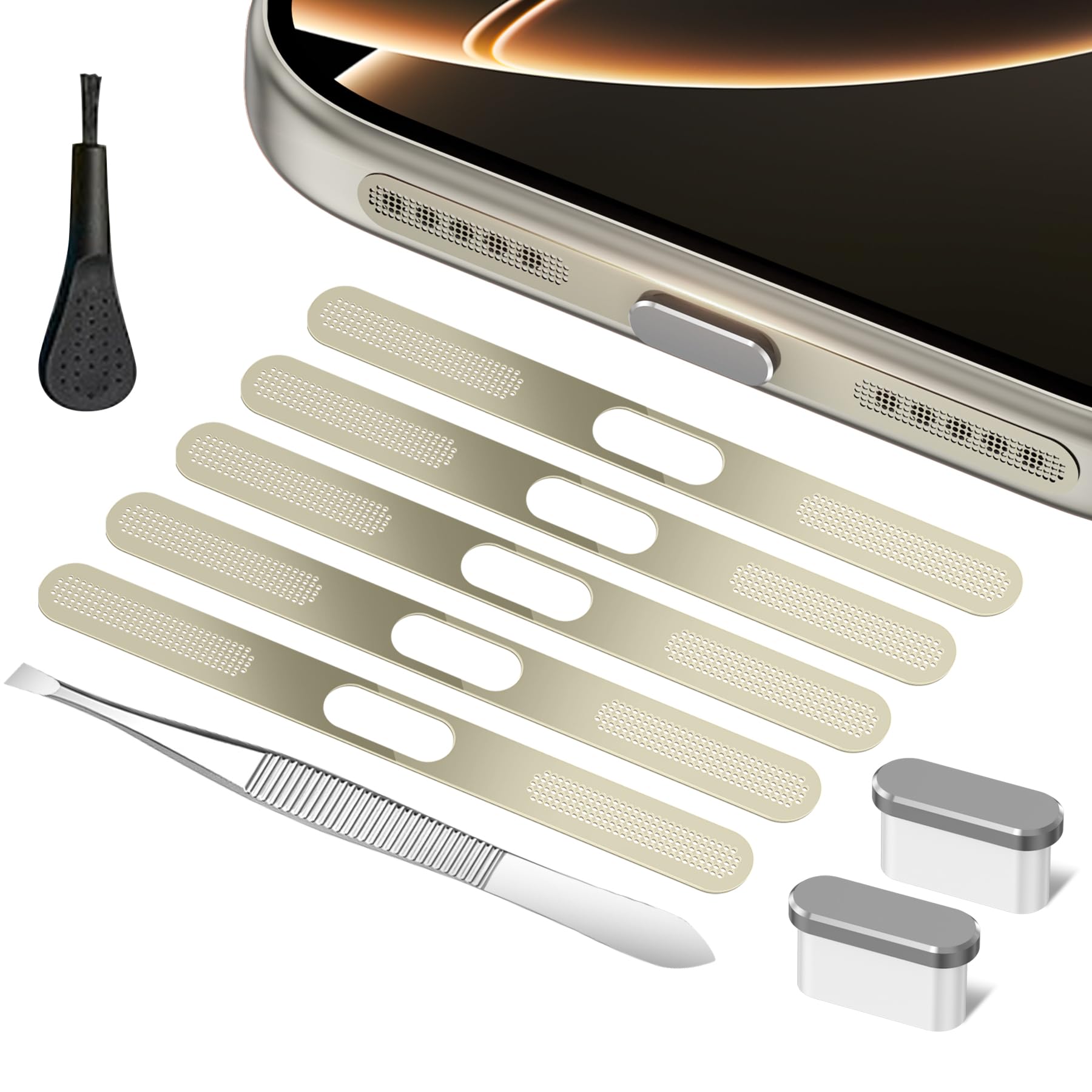 Malla metálica protectora para iPhone 17 y 16 con enchufe antipolvo USB C pack de 5 unidades 8