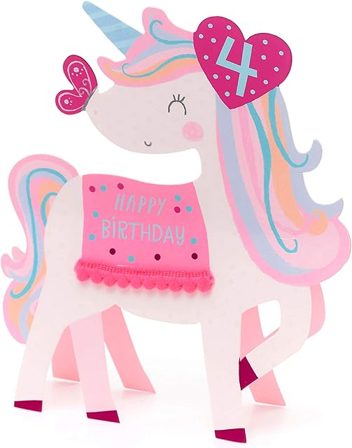 UK Greetings 4th Birthday Card - Girls Birthday Card - Unicorn Birthday Card - Kids Birthday Card, blue|pink|red|white