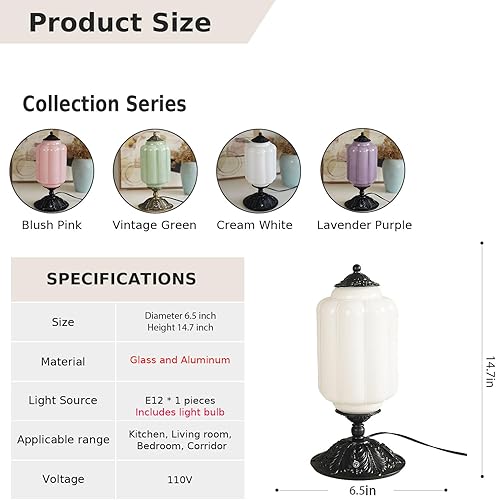 Miniatura 5 de Lámpara táctil vintage de vidrio de leche, elegante lámpara de escritorio de cristal blanco regulable de 3 vías con puertos de carga USB C +A,