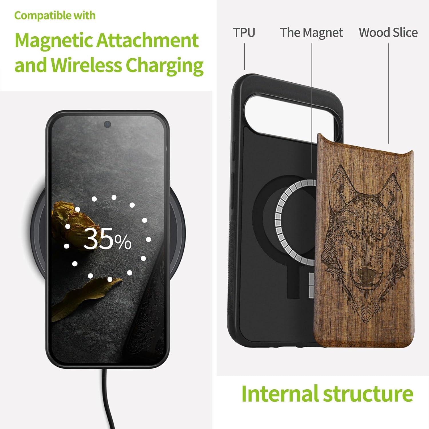 Carveit Magnetic Wooden Case for Google Pixel 9 Case, Wood Artisan Engraved & Soft TPU Shockproof Cover, Compatible with MagSafe Wireless Chargers (Wolf Head) Walnut