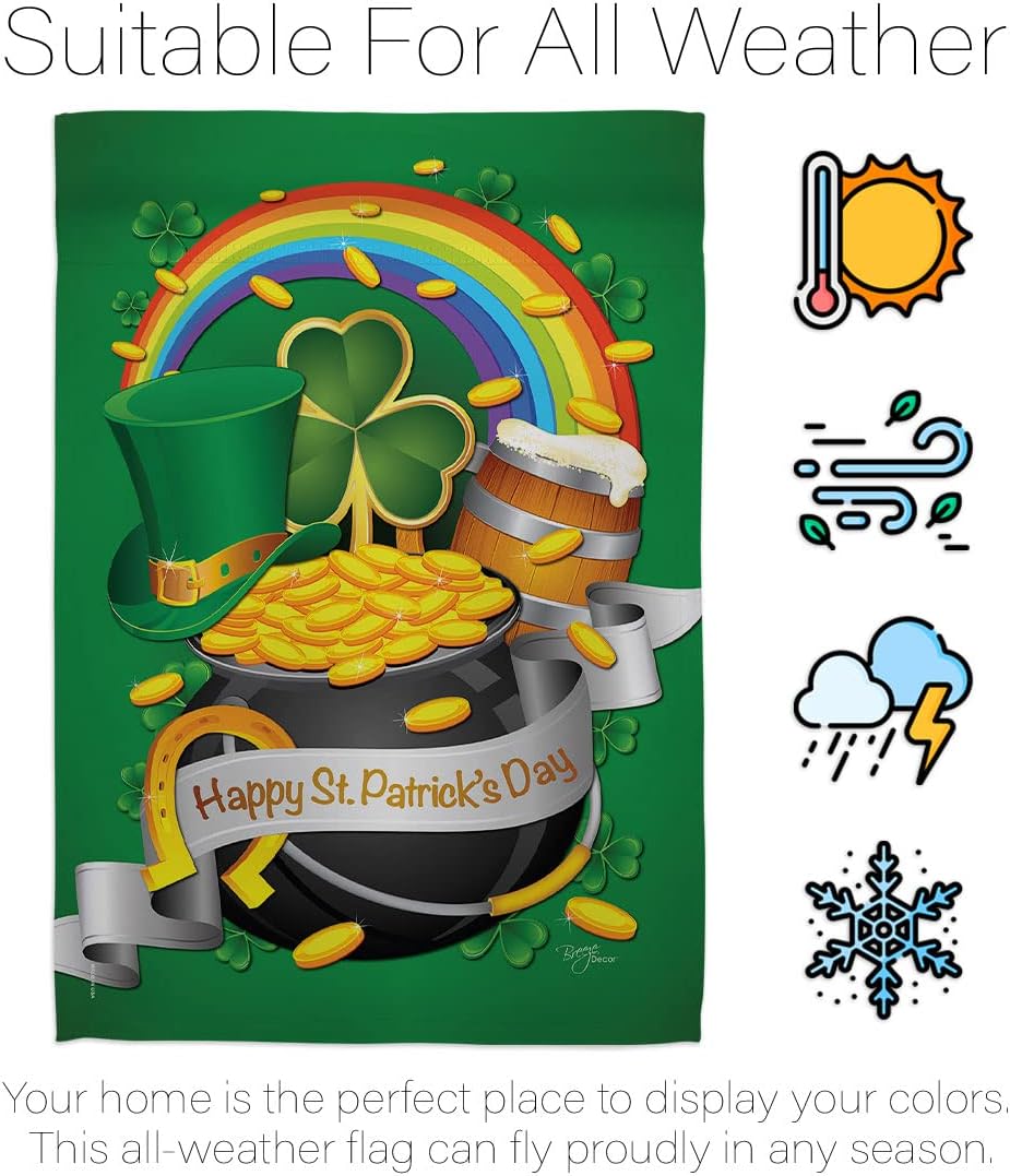 Breeze Decor SA-H-102027-IP Springtime Shamrock Leprechaun Lucky Coin Holiday March Irish Clover Happy St. Patrick's Day, House Flag 28" x 40", Thick Fabric