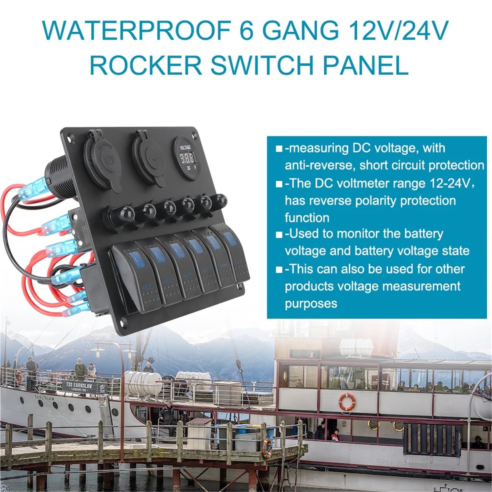 Panel de interruptores for coche de 12 V y 24 V, 6 botones, fusible de 15 A, disyuntor marino, voltímetro, comprobador de luz, cargadores USB 3.0, divisor automático Interruptor Basculante(6 gang red)