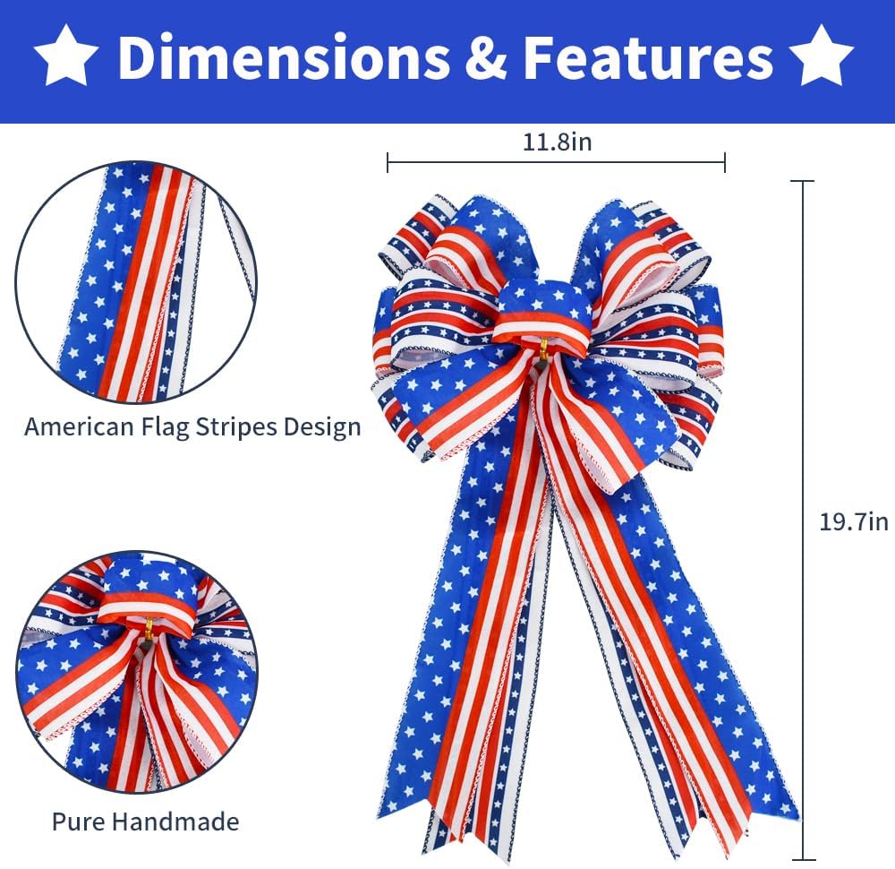 TONIFUL 2 PCS Large 4th of July American Flag Patriotic Bow, Red White Blue Stripe Star Wreath Bow for Independence Day Memorial Day, Front Door Decor, USA 250th Anniversary Decorations