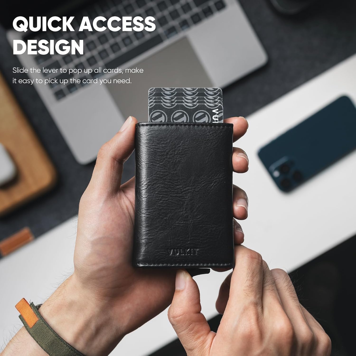 VULKIT Pop up Wallet RFID Blocking Leather Credit Card Wallet with Banknote Compartment, ID Window & Coin Pocket - Image 3