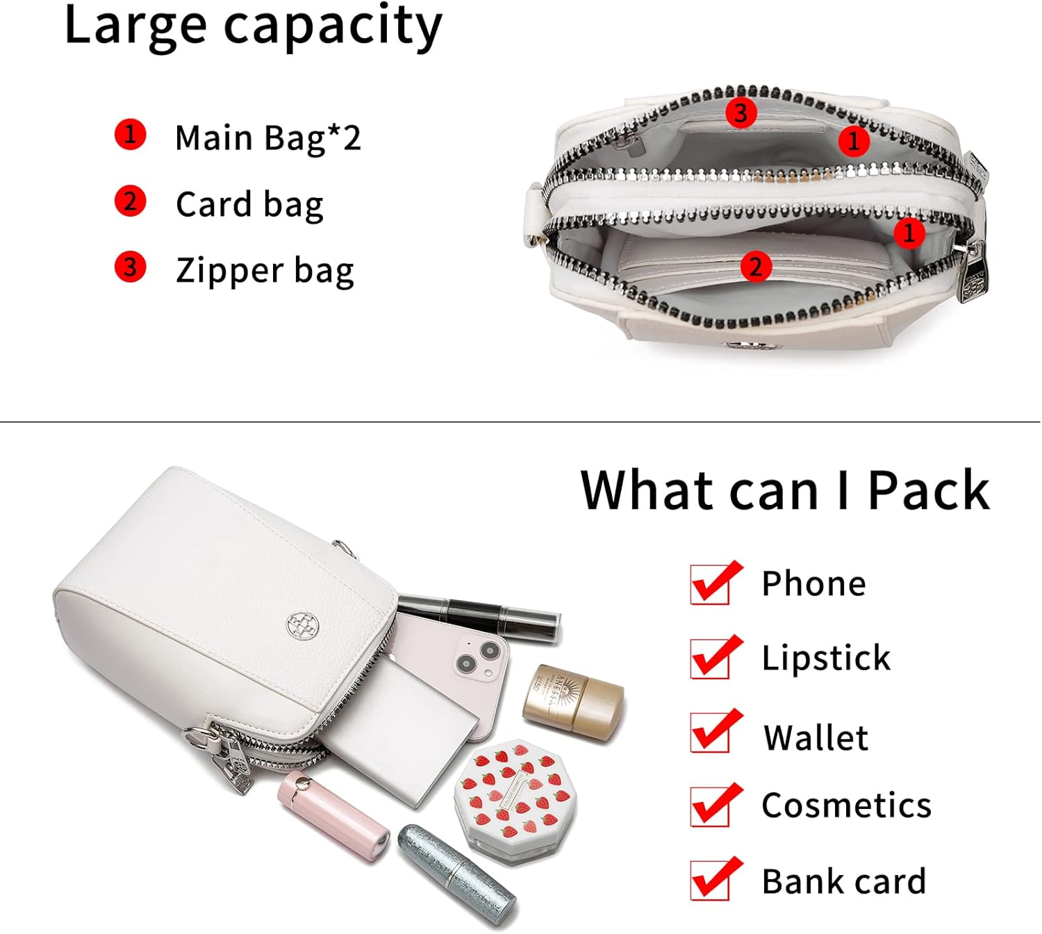 Leather Cell Phone Bag Wallet Purse Crossbody Bag for Women Shoulder Bags Adjustable Strap Double Zip Bags