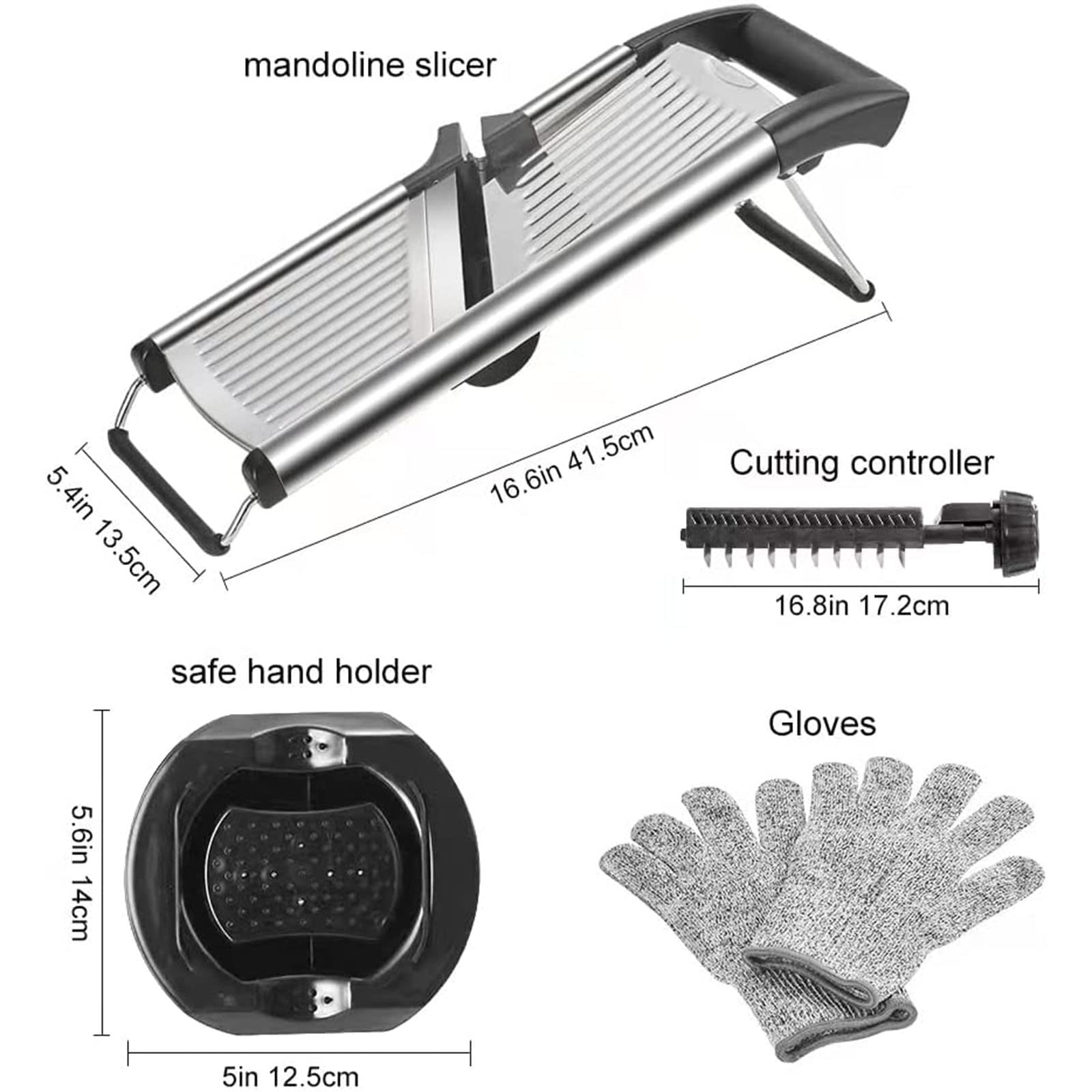 Verstellbarer Mandolinen-Allesschneider aus Edelstahl – kommt mit einem Paar schnittfesten Handschuhen, Gemüsehacker, Zwiebelschneider, Kartoffelschneider, Chip-Pommes-Frites-Julienne-Schneider