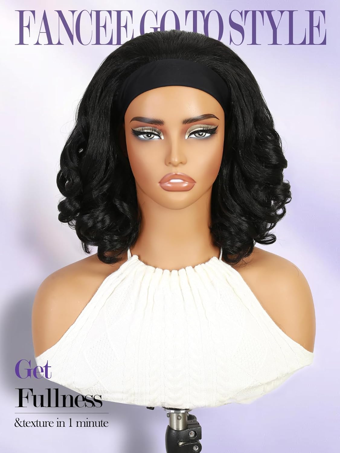 FANCEE Yaki Wavy Headband Wigs for Black Women 14 Inch Black Kinky Straight Wear and Go Wig with Curly Wavy Ends Synthetic Glueless Half Wig with Headbands Attached Blow Out Style Natural Hair Texture