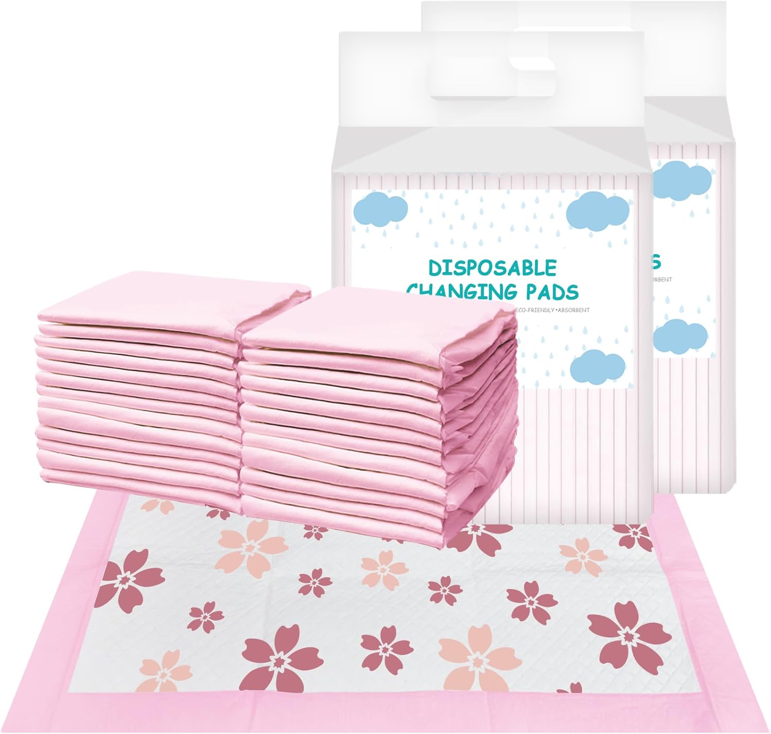 Disposable Changing Pad Liners for Baby 17 x 13 Inches (50 Pack) Absorbent Waterproof Underpads Incontinence Care Soft Non-Woven Fabric Breathable Changing Pad (Cherry Blossom)
