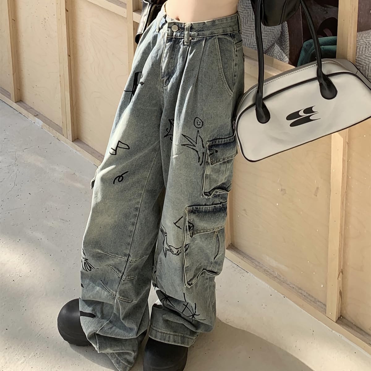 Y2K Fashion Straight High Waisted Wide Leg Jeans Casual Gradual Graffiti Patchwork Baggy Denim Pants - Image 7