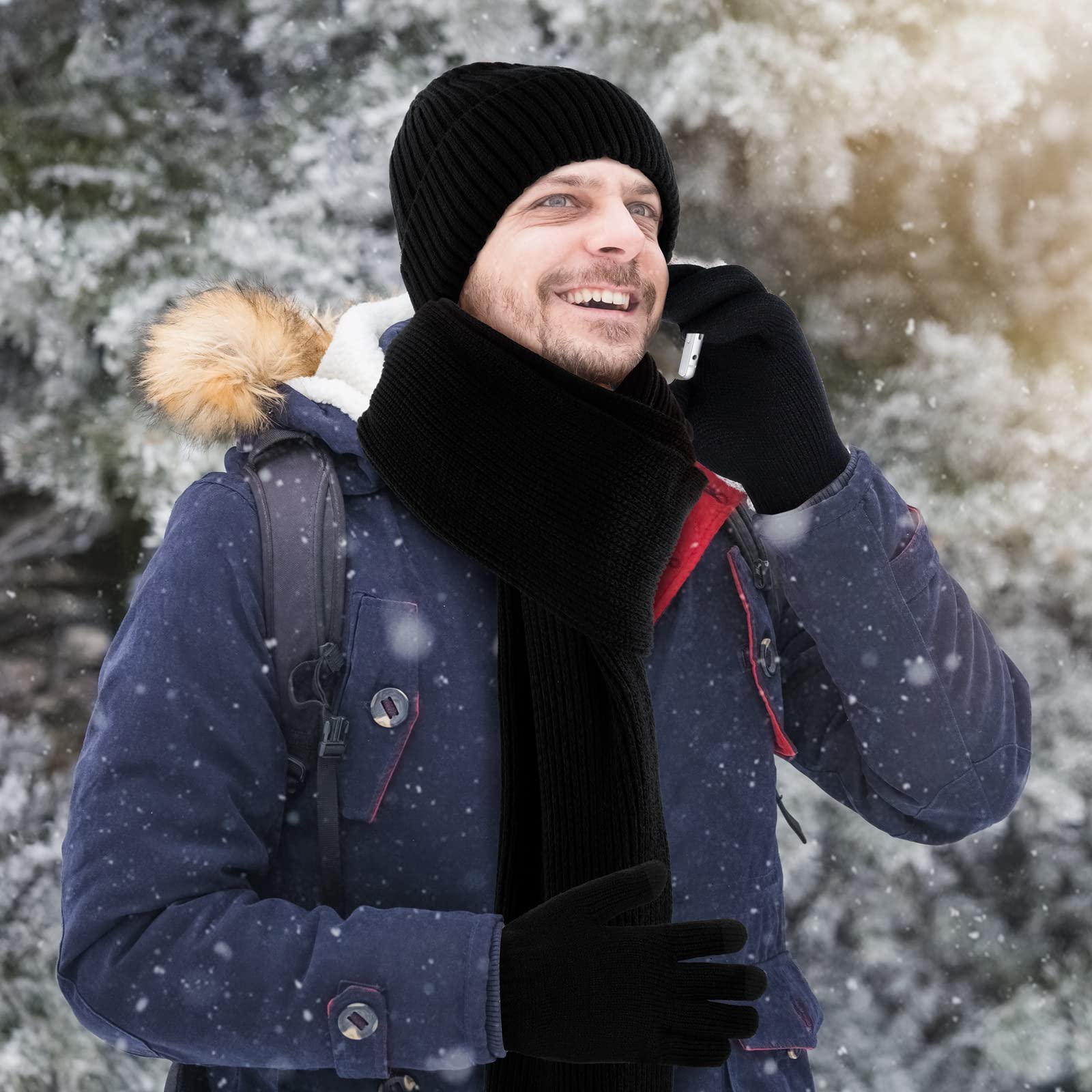 Aneco Guanti in maglia invernale per gli uomini sciarpa più calda cappello beanie paraorecchie termiche guanti touchscreen set per uomini donne
