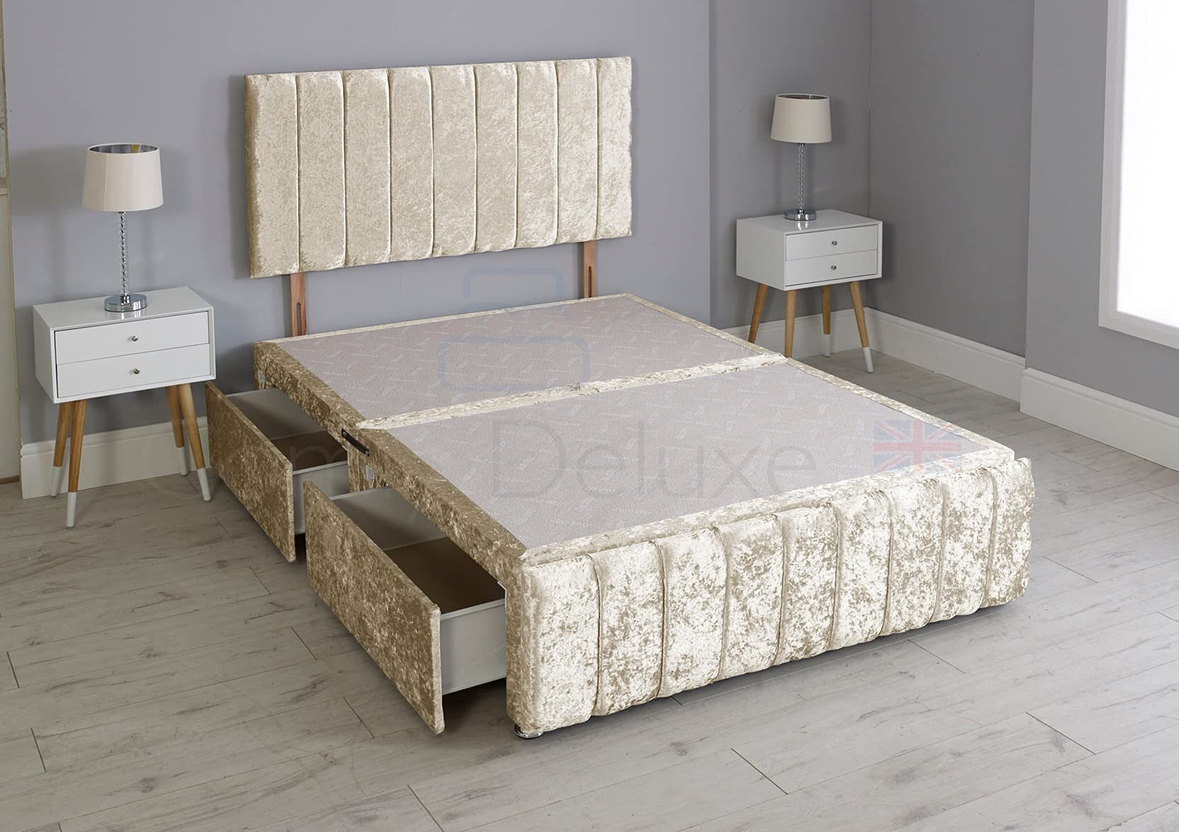 Comfy Deluxe LTD Divan Bed Set - 3FT Single, Cream | Crushed Velvet Ibex Bed Frame with 26 Inch Vertical Lined Headboard | No Mattress Included | No Storage Drawers | UK Made