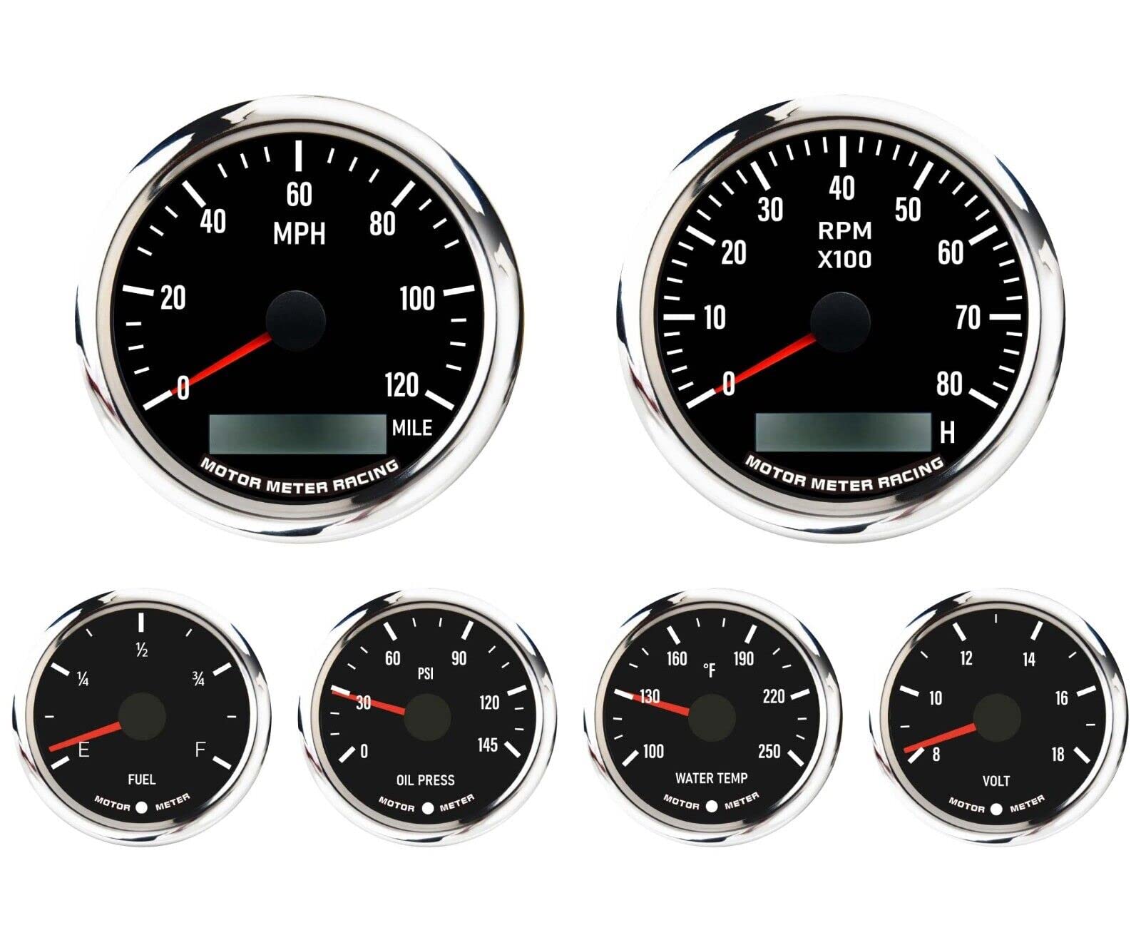 MOTOR METER RACING W PRO Series 6 Gauge Set 7 Color LED Backlit - 85mm 3-3/8" GPS Speedometer & Tachometer 52mm 2-1/16" Volt, Fuel Level, Water Temperature & Oil Pressure - for Car, Boat & Truck