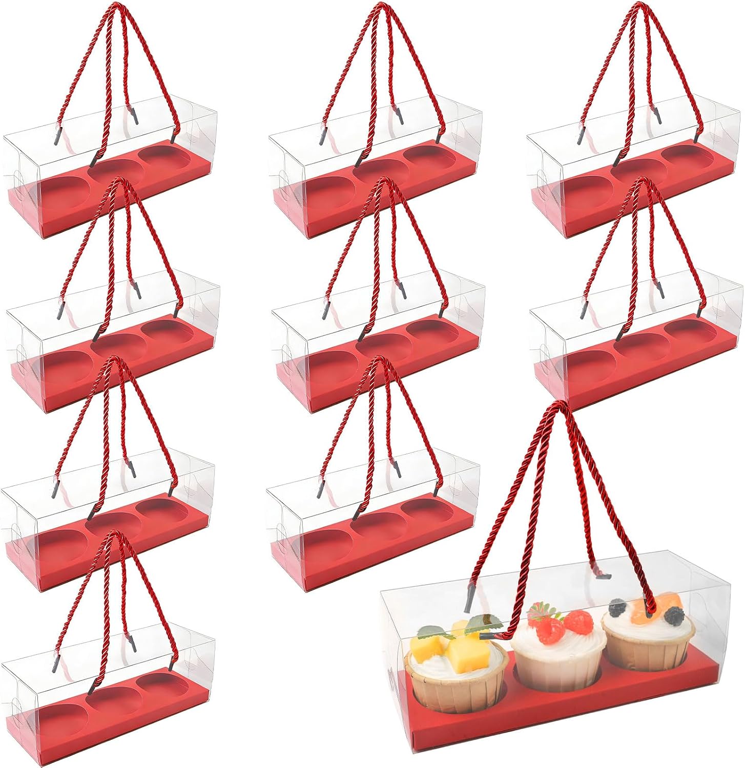 20pcs Clear Cupcake Boxes with Handle Women's Day Cupcake Container Transparent Bakery Cake Boxes Plastic Cake Carrier Baked Dessert Box for Wedding Party Favor (red)