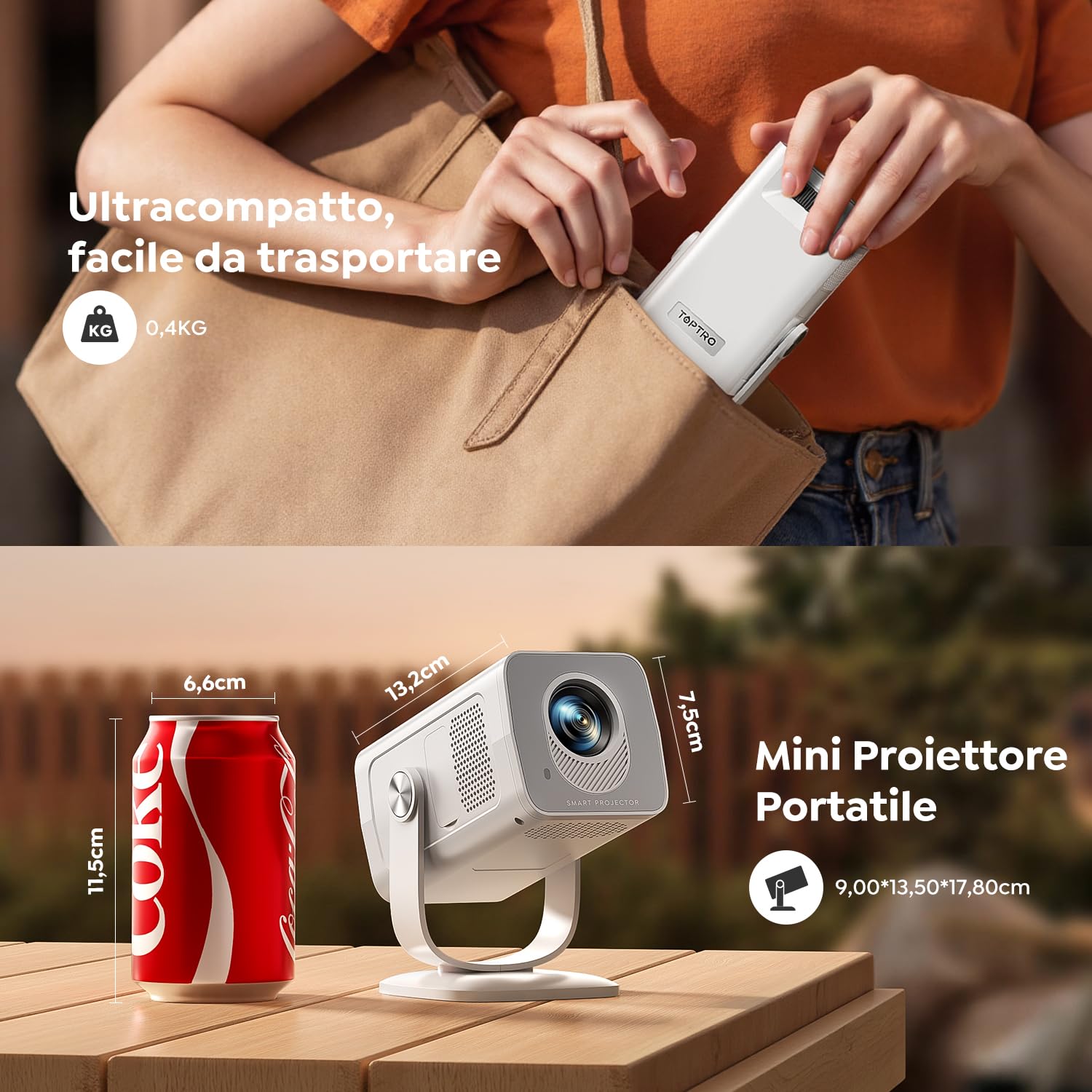 Proiettore WIFI6 Bluetooth 5.4 1080P 4K Mini Videoproiettore Auto Keystone Rotazione 270° Esterni HDMI USB TV Stick