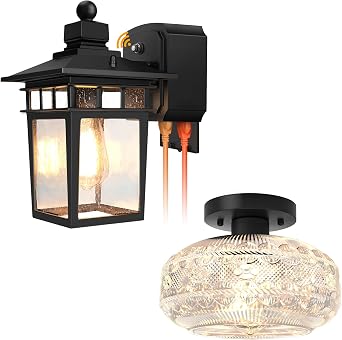 Dusk to Dawn Outdoor Porch Lights with GFCI Outlet,Black Semi Flush Mount Ceiling Light,Black Hallway Light Fixture,Globe Glass Close to Ceiling Light for Kitchen Entryway,Bulb Not Included