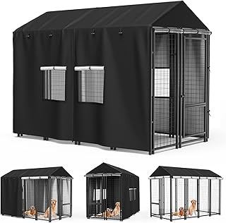 Outdoor Dog Kennel Cover 8'D x 4'W x 6'H Black Full Coverage with Transparent