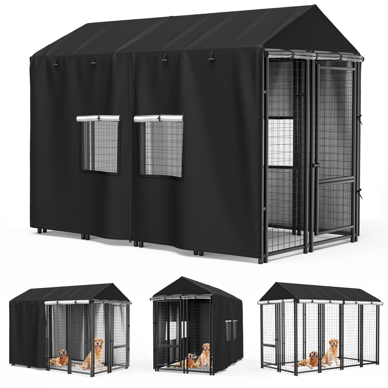 Photo 1 of MUTUSHI Outdoor Dog Kennel Cover 8'D x 4'W x 6'H Black Full Coverage with Transparent PVC Window and Breathable Mesh All-Weather Protection for Multiple Brands of Kennels Only Cover