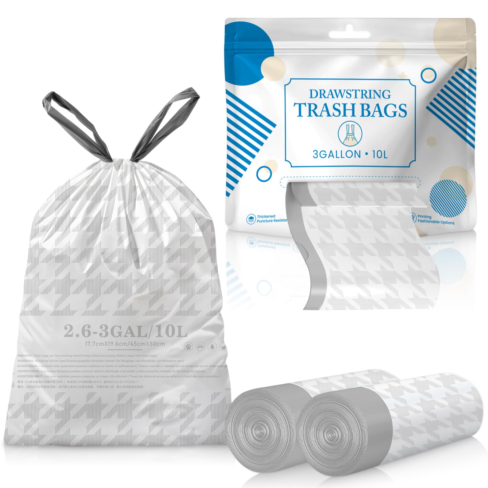 OKKEAI 90 Sacchetti Spazzatura 10L Bianco Pretagliati, 45x50cm, Sacchetti Immondizia con manici a Cordoncino, Senza Strappo, Resistenti Impermeabili - Sacchetti Umido per Bagno, Soggiorno, Cucina