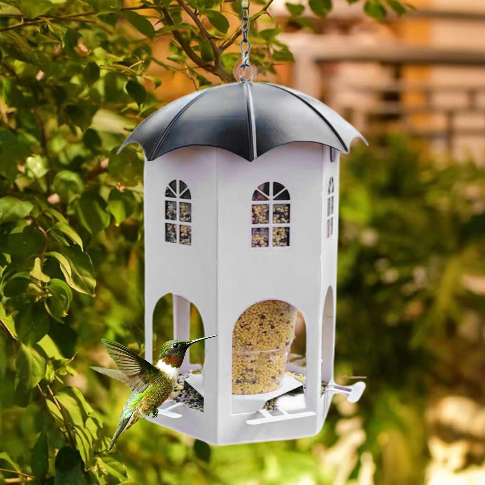 Comederos para pájaros para exteriores, comedero de metal impermeable para pájaros silvestres con ventana transparente, estación de alimentación de jardín para pollos, jilgueros, pinzones y gorriones
