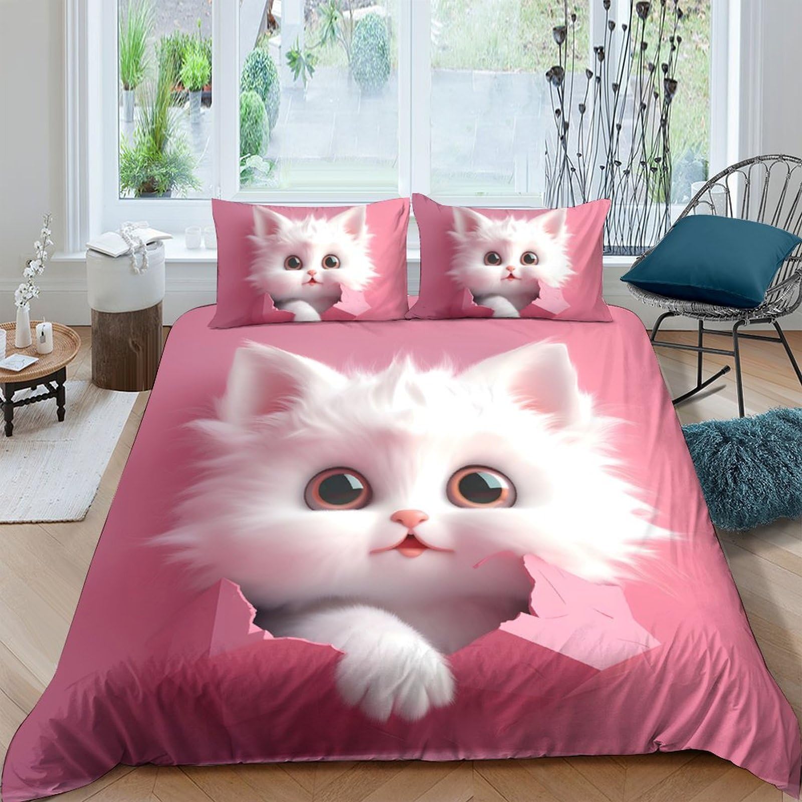 Ctjqhvkz Style-7 3D Printed Cute White Cat Fitted Sheet Microfiber Pink Cartoon Kitten Bed Cover Anti-Slip Machine Washable Bedroom Decor Single（135X200cm）