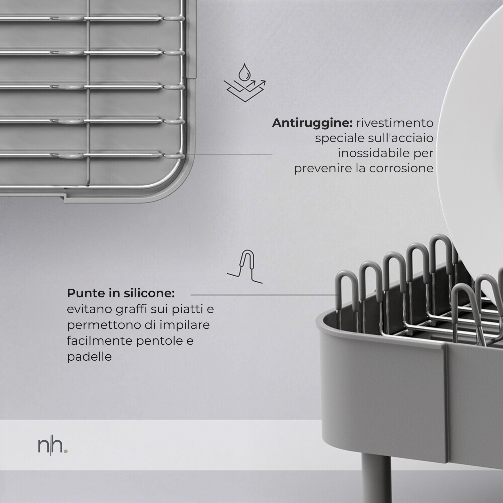 Scolapiatti grigio scuro da appoggio | Estensibile in acciaio inox anti-impronta con beccuccio orientabile | Design compatto ed elegante per cucine moderne