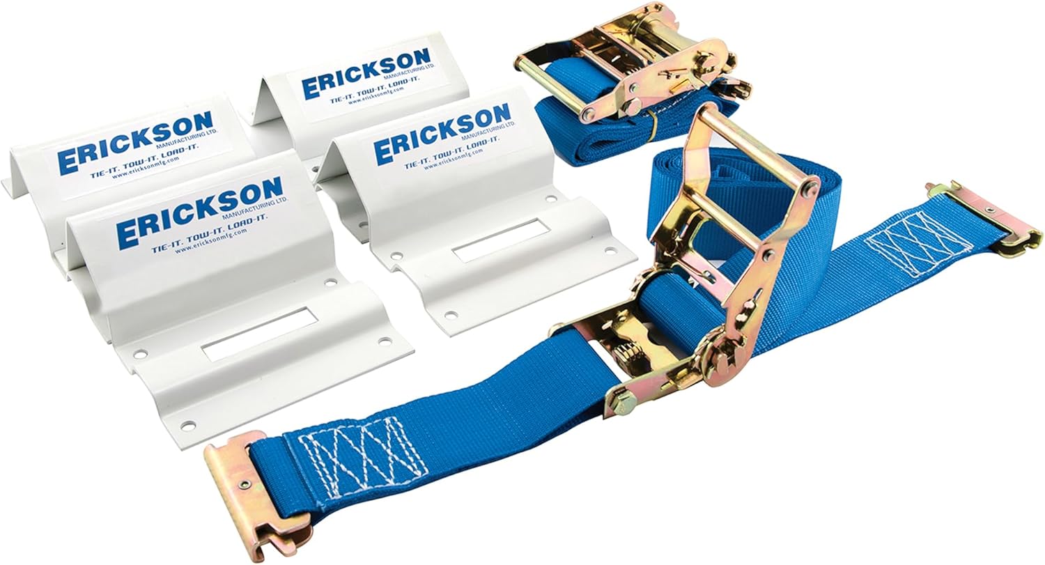 Erickson Wheel Chock Tie-Down Kit, 2 in x 6.5 ft, Single Slotted E-Fitting, Fits 10 in-30 in Tires, 1500 lb Ratchet Straps - Secures ATV, UTV, SxS, Mower & More