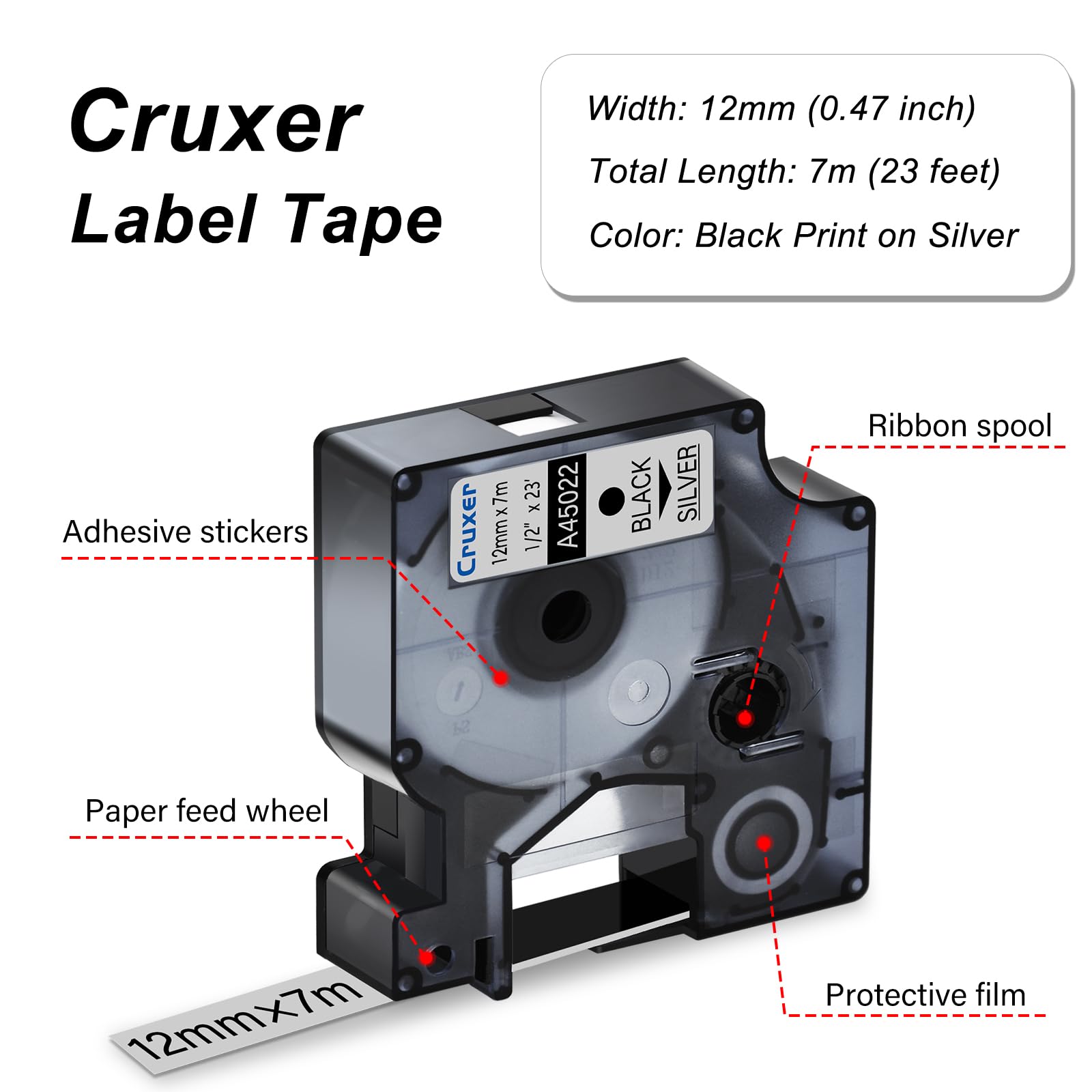Cruxer Pack de 20 cintas de etiquetas compatibles con Dymo D1 45022 S0720620 A45022, negro sobre plata, 12 mm x 7 m, repuesto para Dymo LabelManager 160 210D 500TS Labelpoint 100 350 Labelwriter DUO