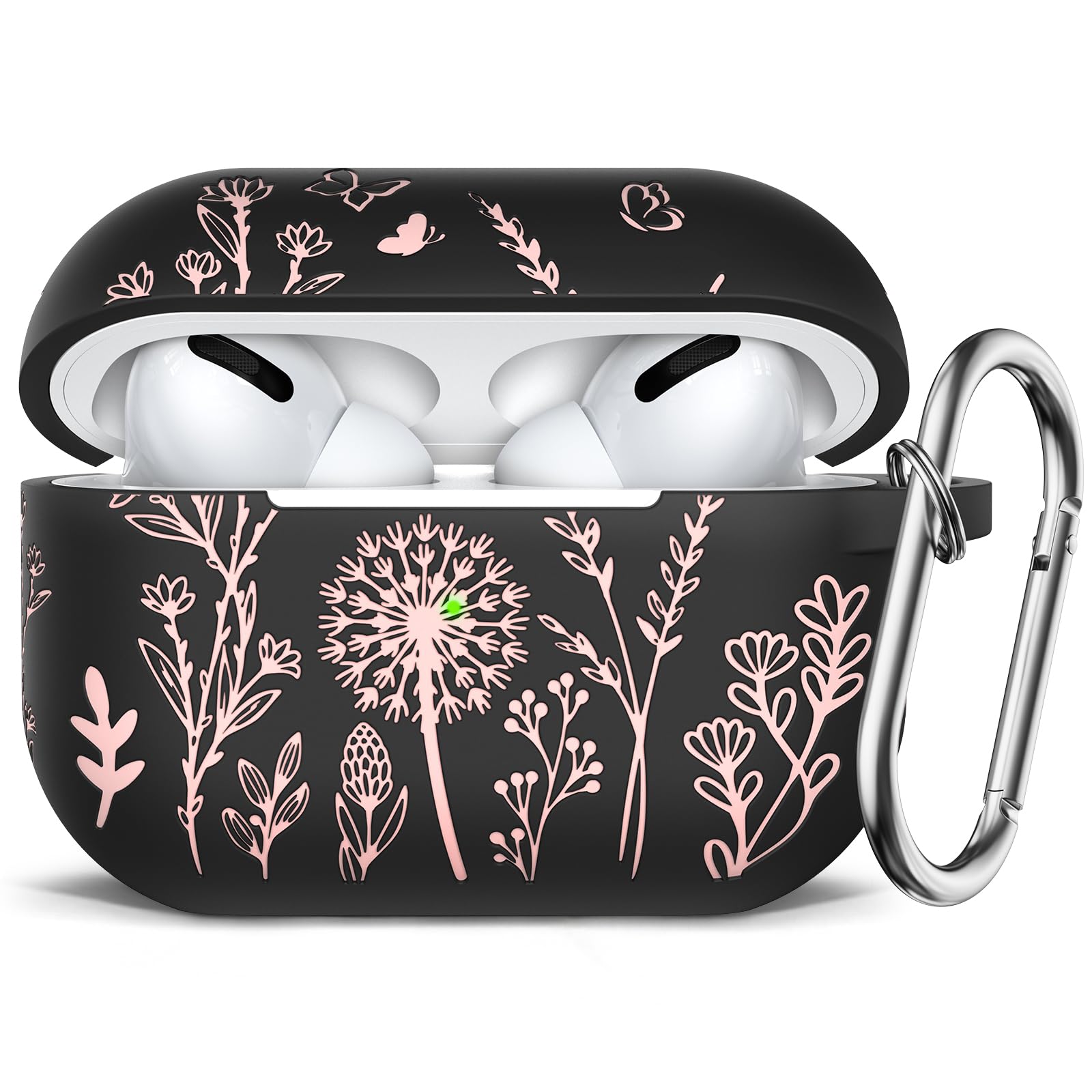 Minyee Airpods Pro 2nd Generation Case, Cute Floral Engraved Soft Silicone Two-Tone Protective Cover Compatible with Apple Airpods Pro 2nd & 1st Generation Replacement Case with Keychain, Black/Pink