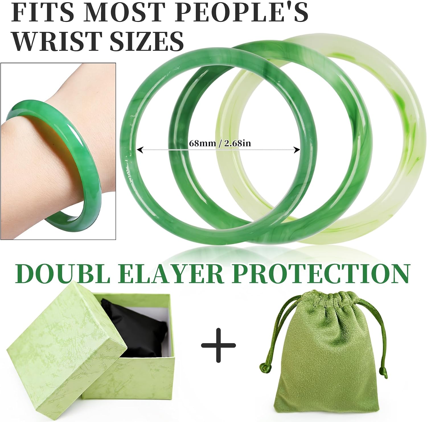 3 Pcs Natural Jade Bangle Bracelet for Women, Good Luck Bangle Wealth Healing Bracelet for Mother Grandmother, Christmas Birthday