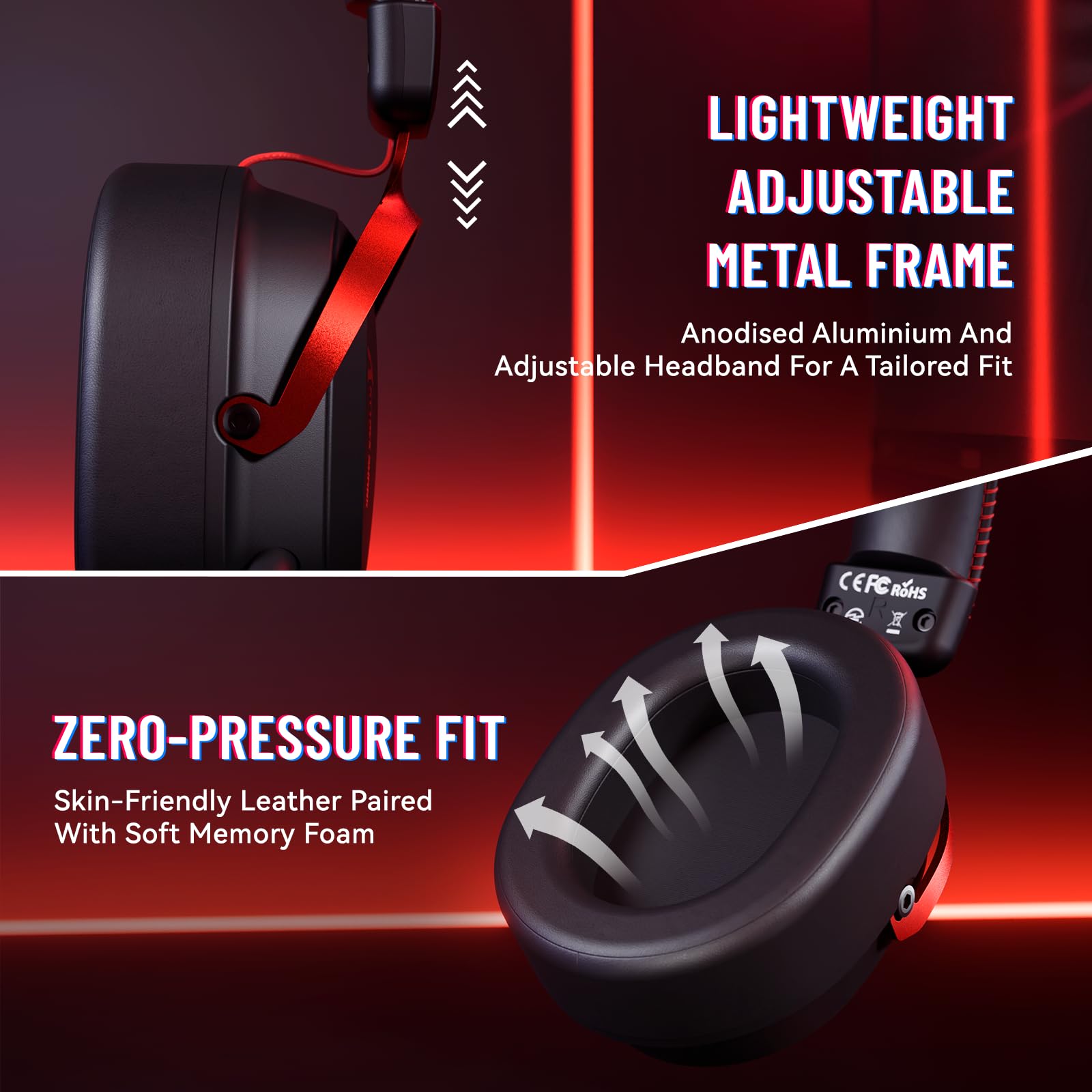 ATTACK SHARK L30PRO Auriculares Gaming Inalámbricos, Sonido Surround 7.1 Drivers 50mm, 3 Modos 2.4G/BT 5.3/Cable con Micro Desmontable para PC/PS/Xbox/Switch, 84H de Juego-Negro Rojo