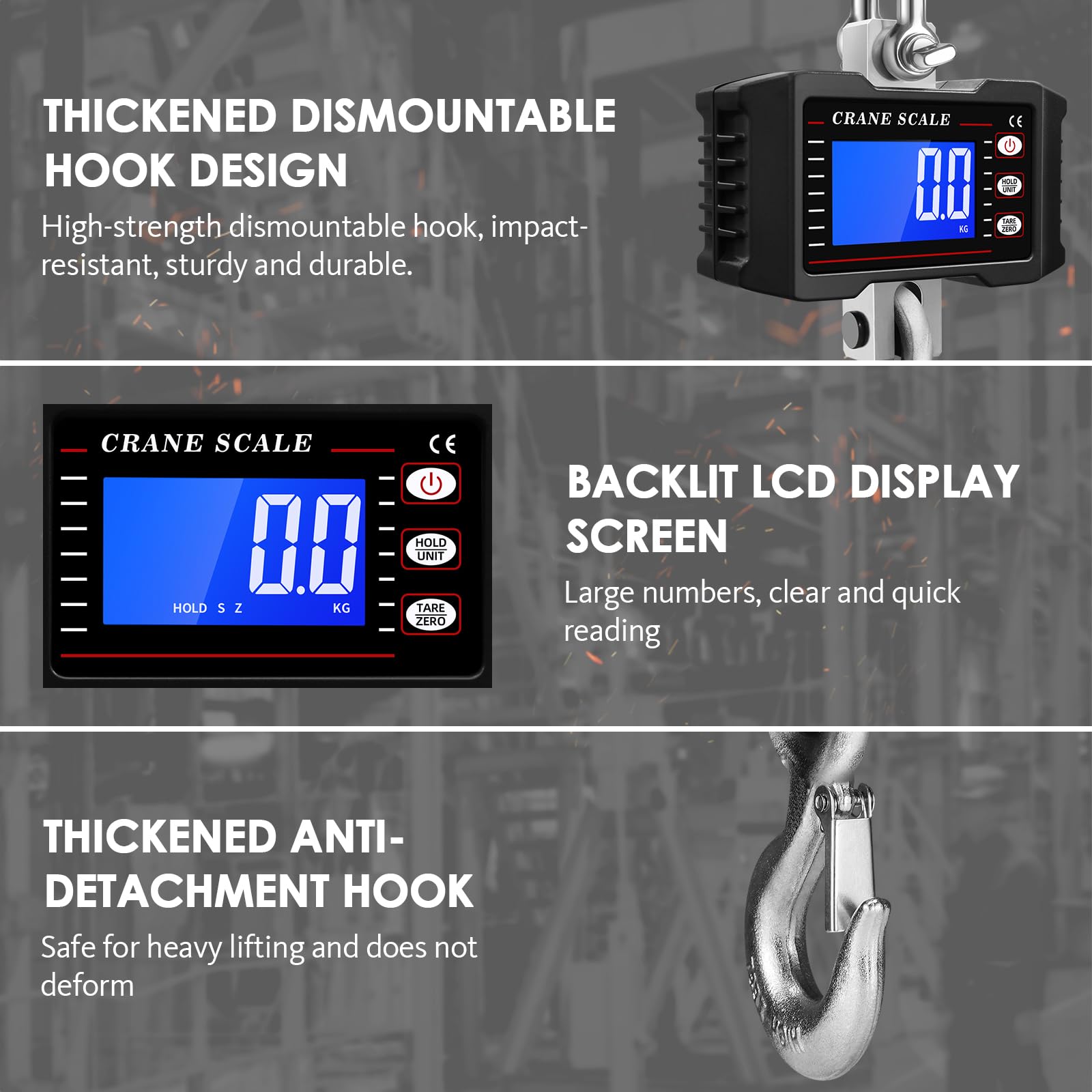 Digitale Kranwaage 2200 Lbs 1000KG LCD Hochpräziser Sensor Datenhalte Tara Einheitenumschaltung