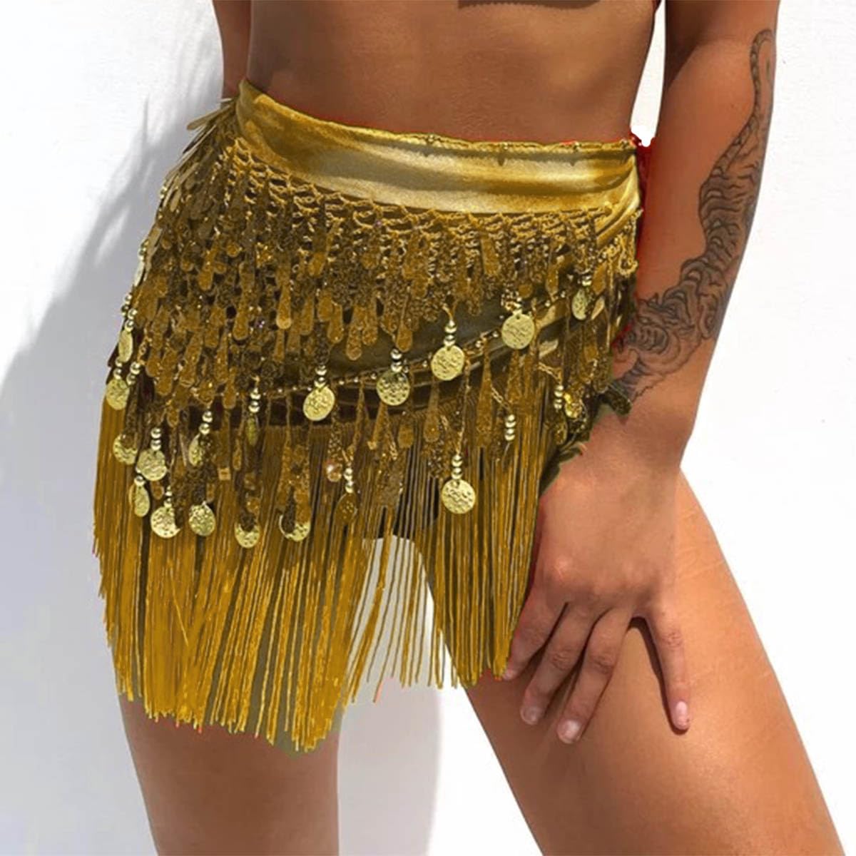 Bufenia Women's Belly Dance Sequins Scarf Waist Belt Fringe Wrap Skirt Hip Scarf Rave Festival Dance Costume (Yellow)